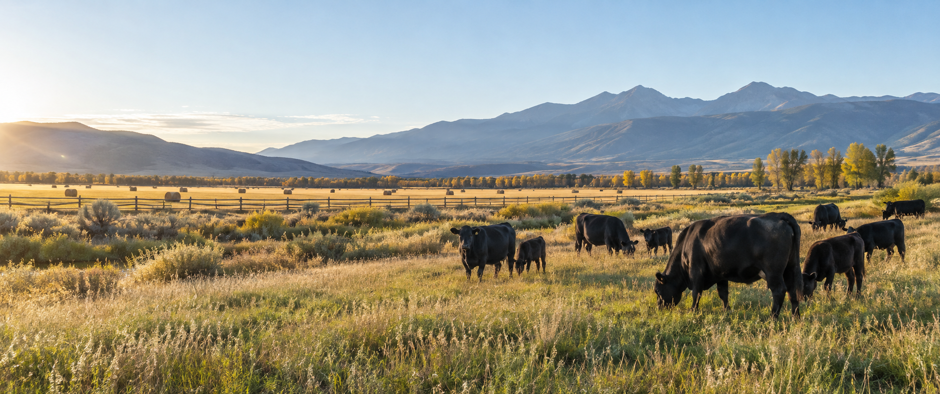 AI-generated illustration of cattle grazing below mountain foothills
